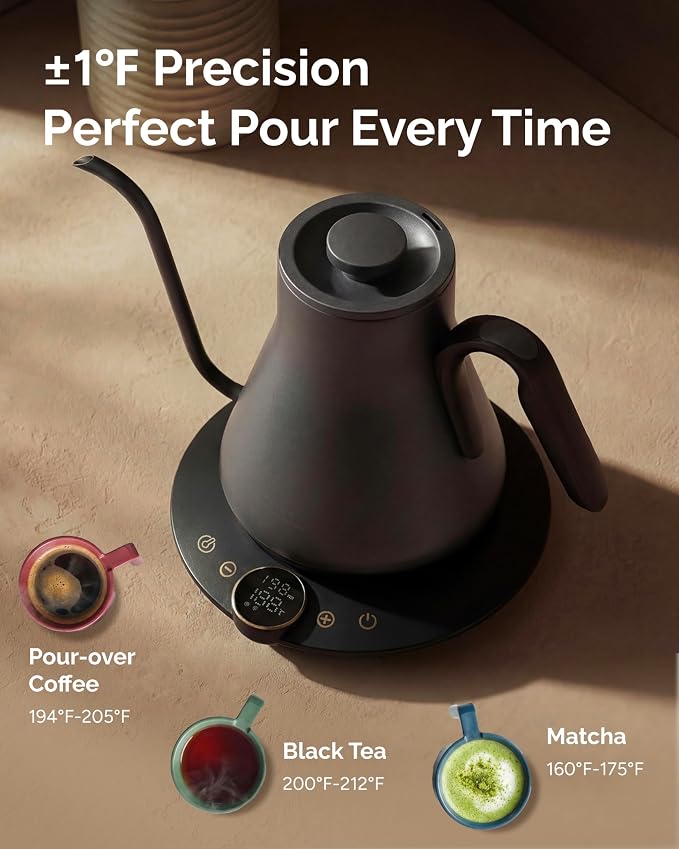 INTASTING Gooseneck Electric Kettle with Precise ±1℉ Temperature Control, Wood-Accented Handle, Stainless Steel Interior, Quick Heating Pour Over Kettle for Coffee & Tea, 0.9L, Matte Grey