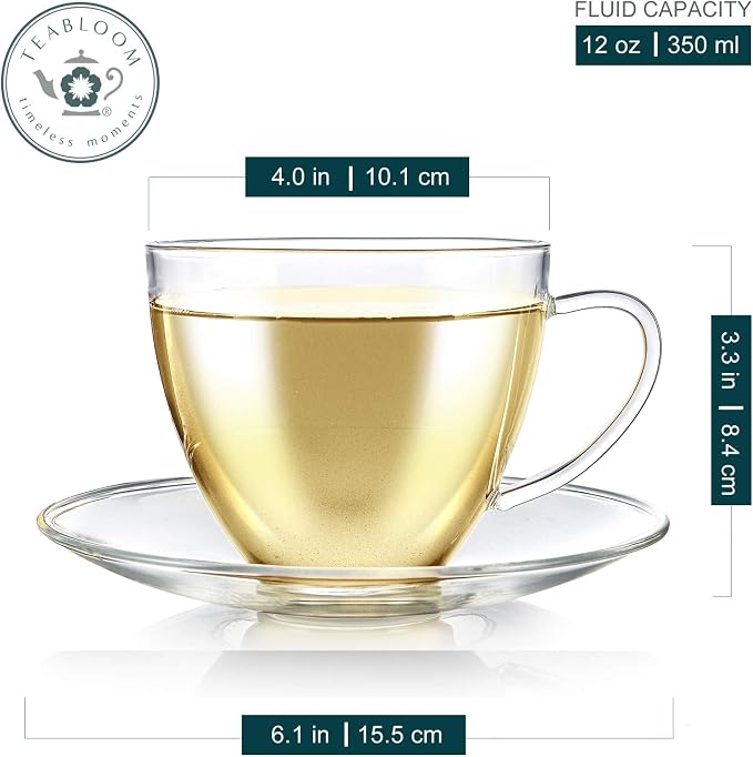 Teabloom Royal Teacup and Saucer Set 2-Pack – 12 OZ/ 350 ML Capacity – Glass Mug Set – Premium Borosilicate Glass – Durable and Heat Resistant