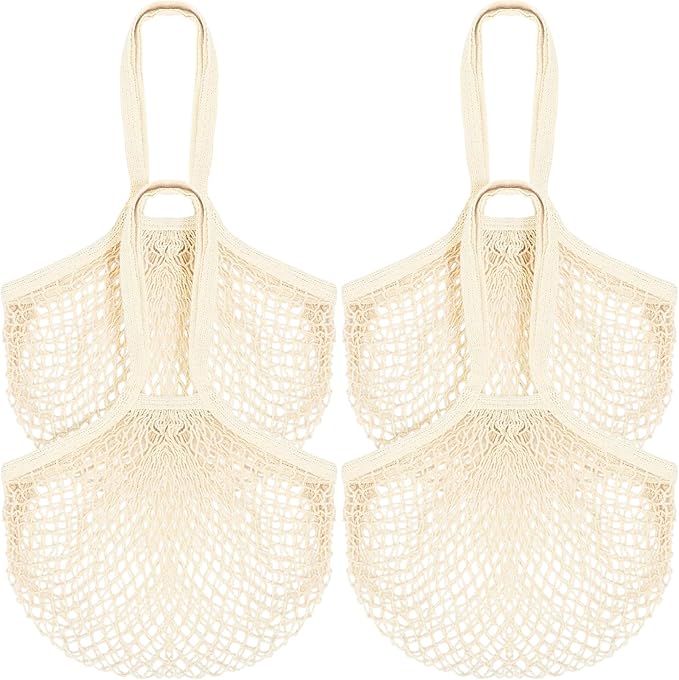 Paterr 4 Pack Cotton Mesh Produce Bags Bulk Reusable Market Bag Washable Net Grocery Purse String Shopping Tote Beach Organizer for Vegetable Fruit Picnic Food Storage (Long Handle,Beige)