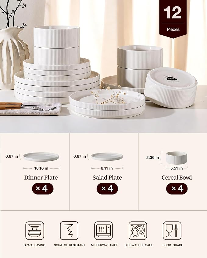 12-Piece Plates and Bowls Set, Porcelain Dinnerware Sets for 4 Service, Modern Dish Set-Chip and Scratch Resistant, Dishwasher & Microwave Safe, White