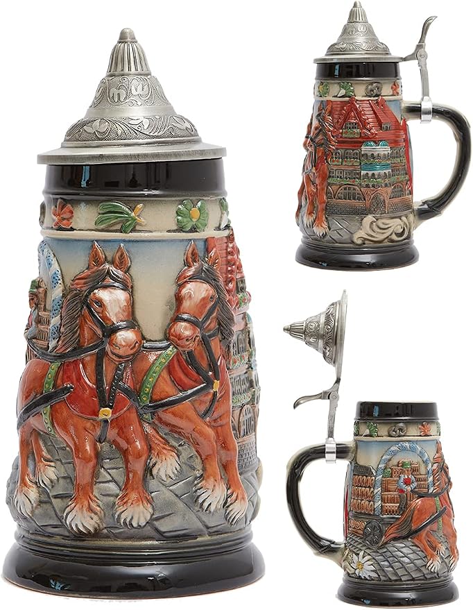 HAUCOZE Beer Stein Mug German Oktoberfest Drinking Viking Tankard with Pewter Lid Birthday Gifts for Men Father Husband 0.9 Liter