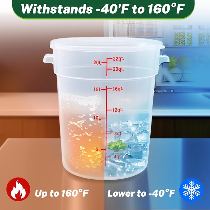 4 Pack 22 Qt Round Food Storage Containers with Lids, Translucent | Translucent containers with lids, easy-read scale, labels and measuring cups; stackable for prep, storage and freezer use.