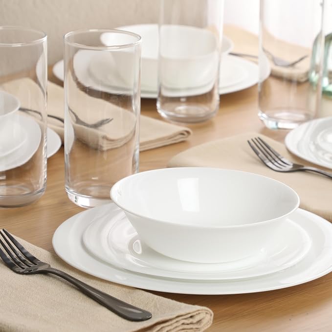 Gibson Home Vanilla Hills 12-Piece Opal Glass Dinnerware Set, Service for 4 – Includes 10" Dinner Plates, 8" Salad Plates & 6.5" Bowls – Microwave Safe, Dishwasher Safe, Chip Resistant – White, Round