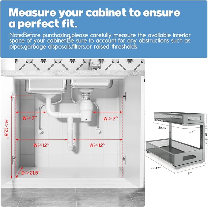 2 Pack 20.47IN Depth Under Sink Storage Organizer, Large 2-Tier Elegant Mesh Pull Out Shelf for Kitchen and Bathroom Cabinet Organization, L-Shaped and Adjustable Height Design-Gun Gray