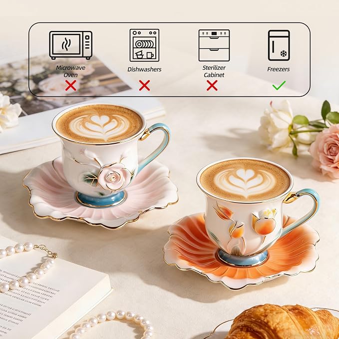 KAMMAK Tea Cups and Saucers Set of 2, Porcelain Coffee Cups, Stackable Espresso Mugs, Ceramic Demitasse for Coffee, Latte, Americano, Tea, Relief - Pink + Orange