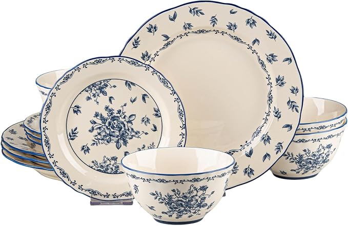 12-Piece Vintage Blue Floral Ceramic Dinnerware Set, Service for 4, Microwave & Oven Safe Plates and Bowls, Porcelain Dish Set for Daily Use