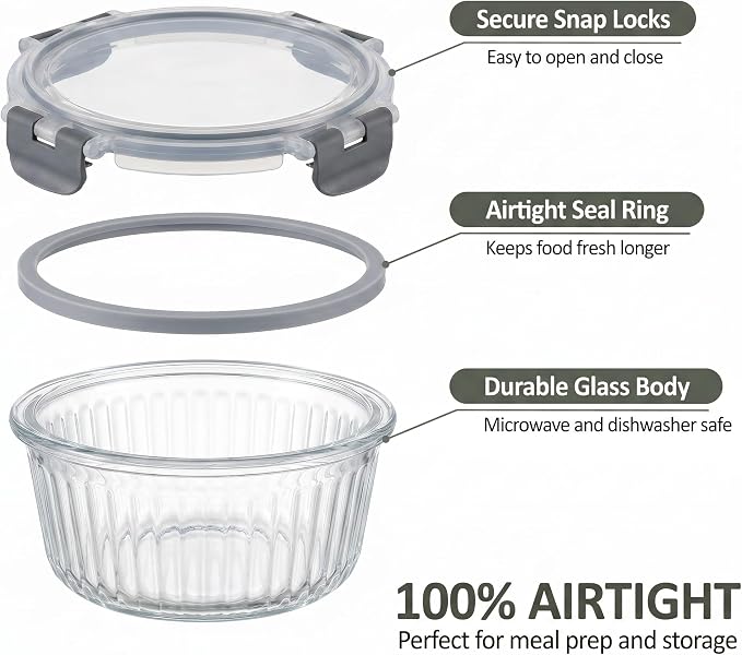 Glass Food Storage Containers with Lids, 12 Piece Glass Meal Prep Containers Set, Airtight Leakproof Snap Lock Lids, BPA-Free, Freezer Microwave Oven Dishwasher Safe, Ribbed Glass Containers