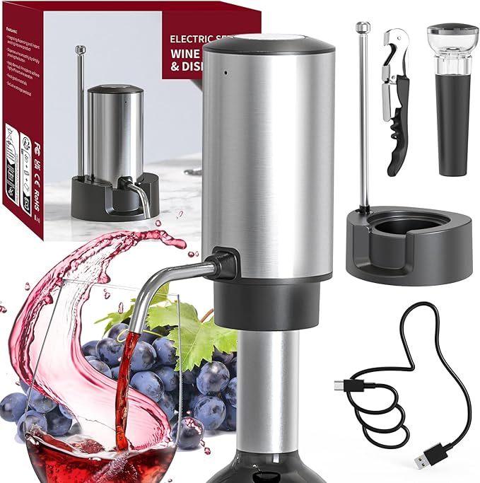 CIRCLE JOY Electric Wine Aerator Pourer Rechargeable One-touch Wine Decanter with Storage Base, Corkscrew and Vacuum Wine Stopper, White Elephant Gifts for Wine Lovers, Silver