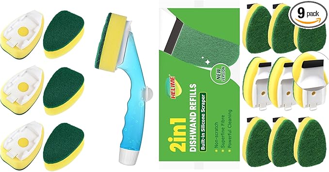 HELIME Heavy Duty Dishwand Sponge Refills, 2in1 Dish Wand Replacement Heads with Silicone Scraper, Non Scratch Dishwashing Brushs Scrubbers Soap Dispenser, Dishwand Refills Handle