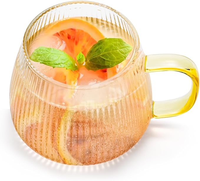 AVLA 6 Pack Glass Coffee Mugs, 16 OZ Unique Vertical Stripes Coffee Cup, Clear Large Tea Glasses with Handle, Vintage Transparent Glassware for Hot/Cold Beverages, Cappuccino, Latte, Espresso, Juice