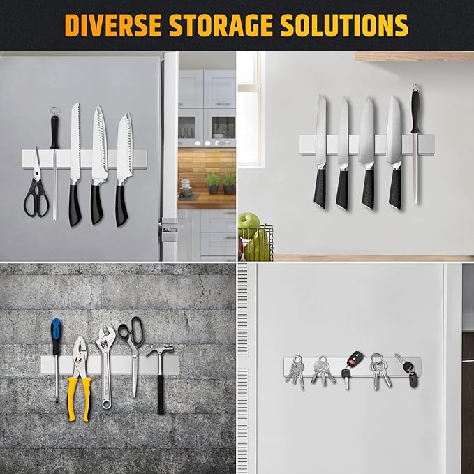 Fridge Applicable 12 Inch Double Sided Magnetic Knife Holder - Stainless Steel Knife Strip With Powerful Magnetic Pull Force - Use as Kitchen Knife Holder, Knife Rack & Tool Holder - Silver
