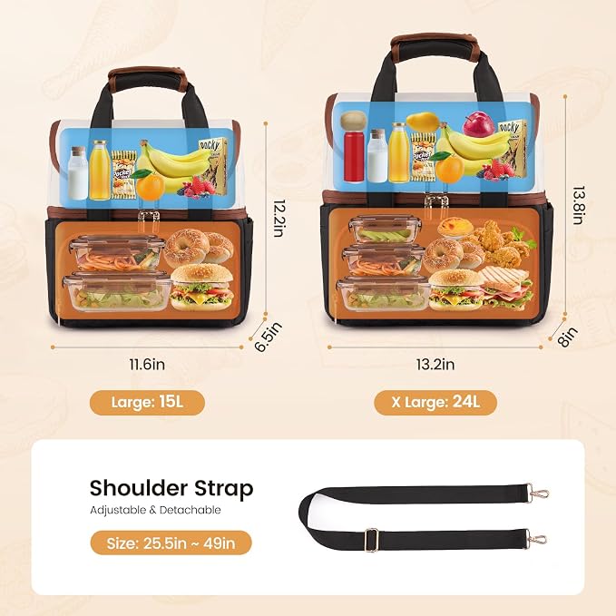 LOVEVOOK Insulated Lunch Bag For Women,X Large Double Deck Adult Lunch Box,Teacher Lunch Tote Bag With Cup Holder,Leakproof Cooler Bag With Adjustable Shoulder Strap For Work Picnic Beach,Larger 24L