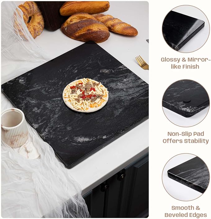 Marble Cutting Board For Kitchen, 16x16 Inch Pastry Board, Black Marble Slab With Non-Slip Feets For Cheese, Candy, Baking, Chocolate, Pack Of 1 Piece