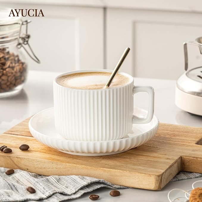 8 Ounce Cappuccino Cups Set of 4, Latte Mugs with Saucers and Spoons, White Cream Ceramic Coffee Mugs Tea Cups for Cappuccino Latte Mocha Au Lait Macchiato Cafe