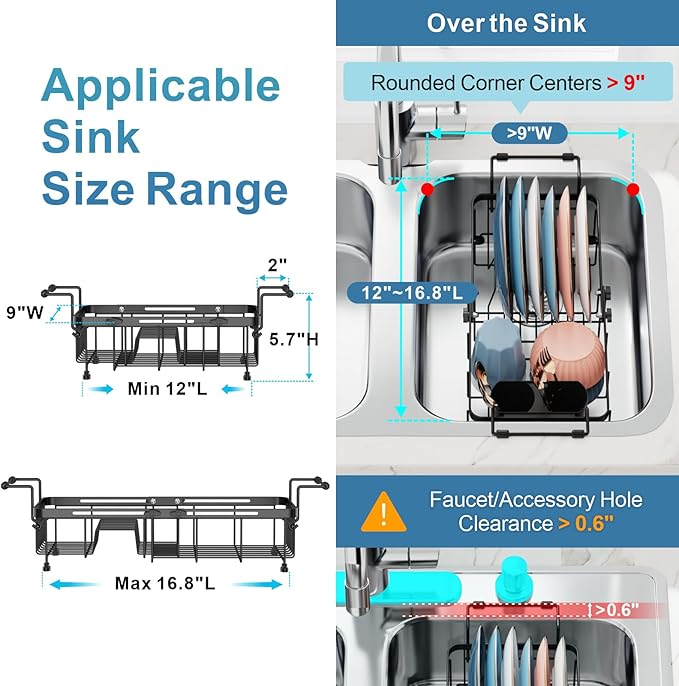 iSPECLE Small Sink Dish Drying Rack with Silicone Mat, 9" W Expandable Compact Rust Resistant Dish Drainer for RV Apartment Kitchen, Dish Rack with Lock Knob, Arms with Non Slip Rubber, Black