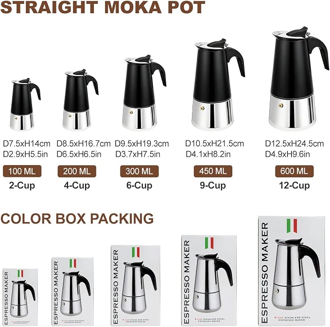 4 Cup Stovetop Espresso Maker Stainless Steel Moka Pot Stove Top Percolator Italian Coffee Makers Capable Mocha Greca Machine Cafe Classic Induction Cookers for Home and Camping 200ml 6.6oz