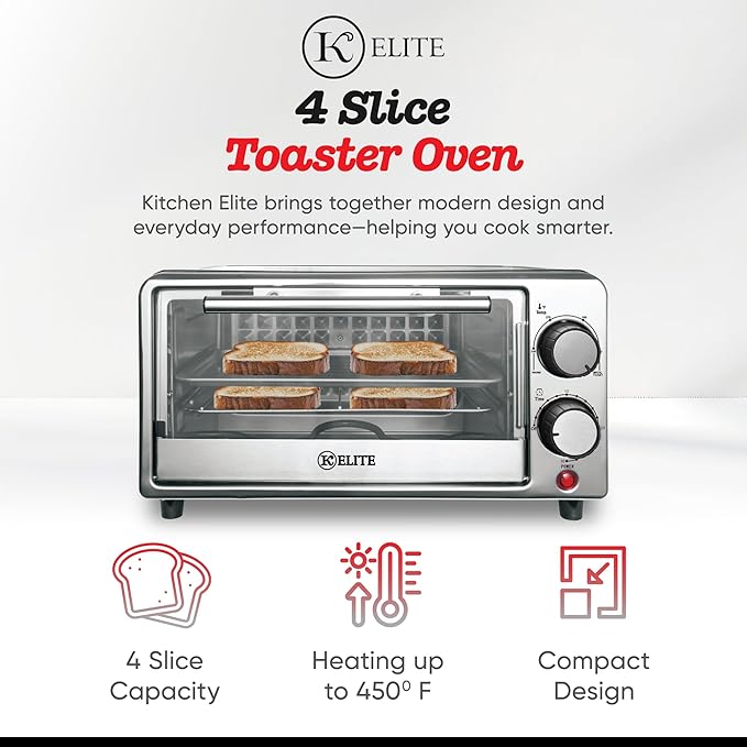 Kitchen Elite Toaster Oven, Compact Countertop Appliance with Bake Tray, Wire Rack, Adjustable Timer, and Temperature Control, Black