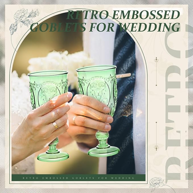 Wiwiqing 6 Pcs Plastic Goblets 7.5oz Vintage Goblet Plastic Wine Glasses Colored Retro Embossed Water Goblets for Wine Bar Juice Baby Shower Wedding Reception Grand Event Party (Green)