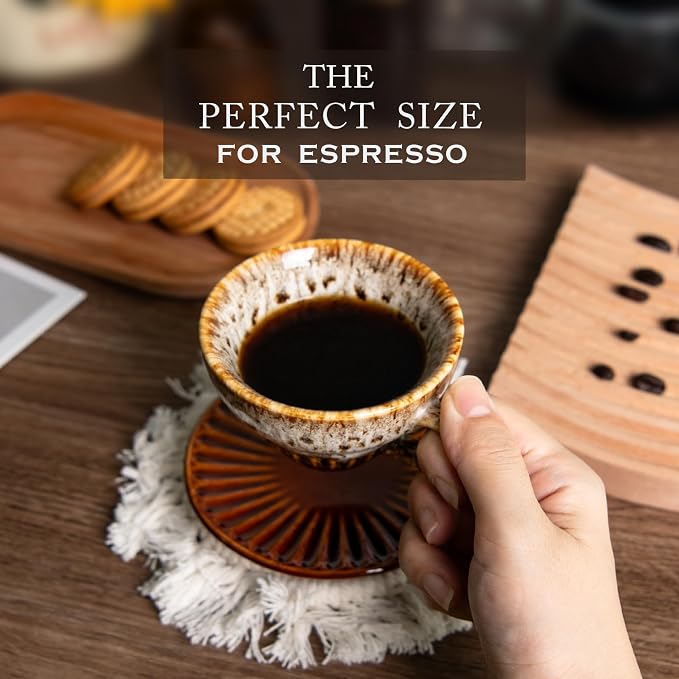 2 oz Espresso Cups Set of 6, Ceramic Cappuccino Cups with Saucers, Stackable Coffee Cup for Macchiato, Single shot, Tea, Coffee Lover Gifts, Glazed White