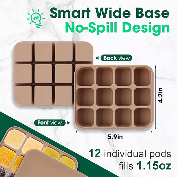 Mimorou 3 Pack Baby Food Freezer Tray with Lids 2.8 oz x 12 Cups Silicone Baby Food Storage Container Ice Cube Freezer Molds for Homemade Vegetable Fruit Purees Snack(12 Cups,White, Yellow, Brown)