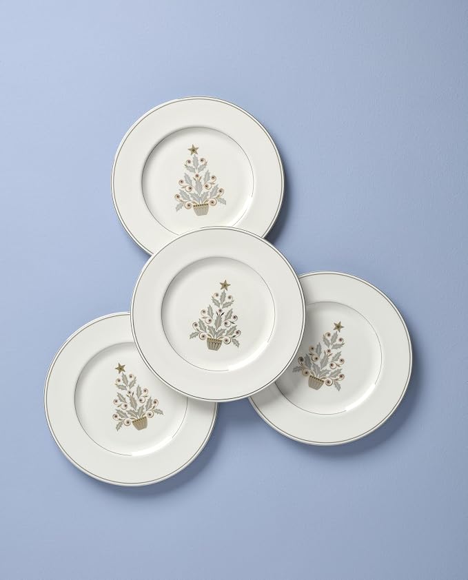 Lenox 897868 Federal Platinum Tree Accent Plates, Service For 4, Christmas Dishes, Dinnerware Set, Holiday