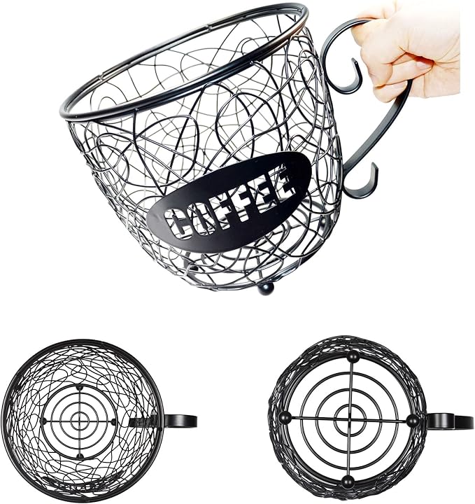 Coffee Pod Holder Large Capacity K Cup Holder, Multiuse Coffee Station Organizer, Espresso Capsule Storage, Wire Basket for food for Coffee Bar Counter, Black