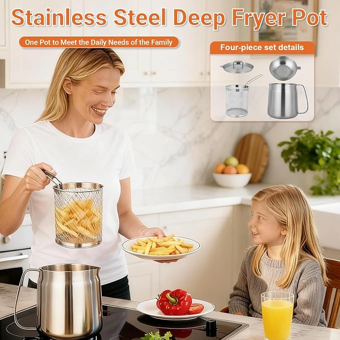 119oz Stainless Steel Deep Fryer Pot with Basket and Oil Strainer, Multifunctional Deep Frying, Small Stove Top deep fry for Kitchen and Camping, Steel Pour Pot for French Fries, Chicken (3.5L)