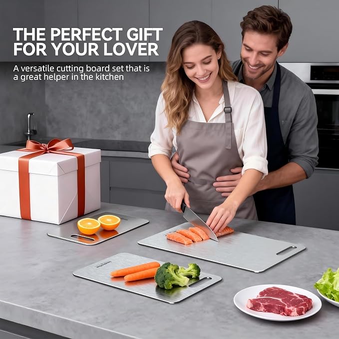 Titanium Cutting Boards Set of 3, 100% Pure Titanium Kitchen Cutting Board, Double-Sided Non-Toxic Cutting Board, Ideal for Slicing and Dicing Meats, Features Handle, Dishwasher Safe