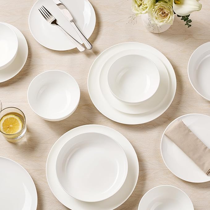 KINGSTONE 16-Piece Bone China Dinnerware Sets for 4, Lightweight Porcelain Dish Serving Plates and Bowls Sets, Durable Scratch Resistant Dinner Set, Microwave & Dishwasher Safe, Ivory White