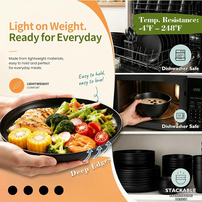Wrova Wheat Straw Dinnerware Sets 40-Piece- Kitchen Plates and Bowls Sets for 8- Unbreakable Dishes Set Microwave Safe- Deep Dinner Plates/Cereal Bowls/Sauce Dishes/Drink Cups for RV,Apartment- Black
