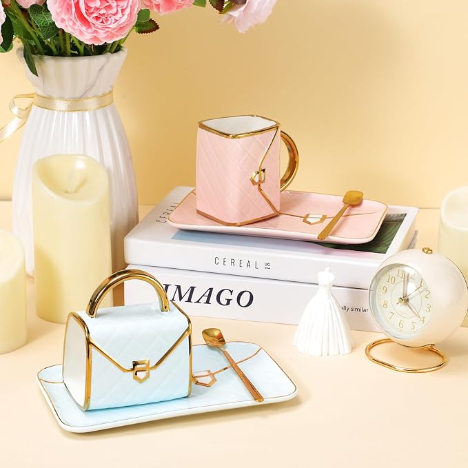 Nitial 2 Sets Handbag Shaped Mug and Saucer Set 10 oz/ 310 ml Ceramic Coffee Mug Purse Tea Cup with Saucer Spoon for Office Home Coffee(Pink, Blue)