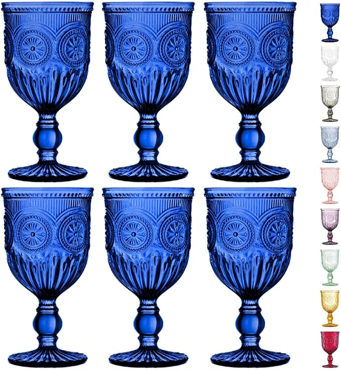 Cobalt Wine Glasses Set of 6 Goblets - Handcrafted Vintage Glassware with Sunflower Motif, Dishwasher Safe Cobalt Blue Glassware