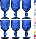 Cobalt Wine Glasses Set of 6 Goblets - Handcrafted Vintage Glassware with Sunflower Motif, Dishwasher Safe Cobalt Blue Glassware