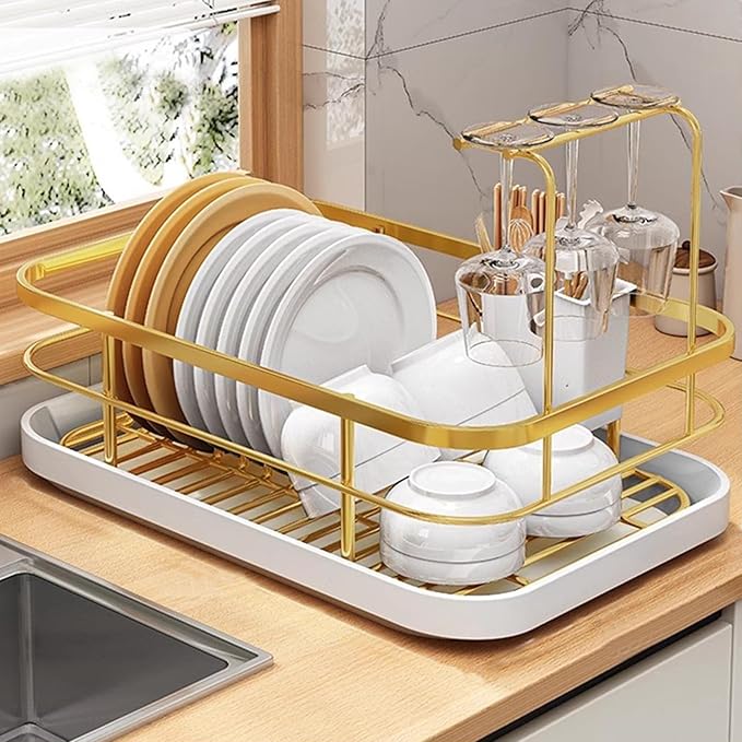 Kitchen Counter Dish Drying Rack,Stainless Steel Dishes Drainer with Utensil Holder,Space-Saving Dish Rack,Removable Plastic Drainer Tray for Dishes, Knives, Spoons (Gold,Has Cup Holder)