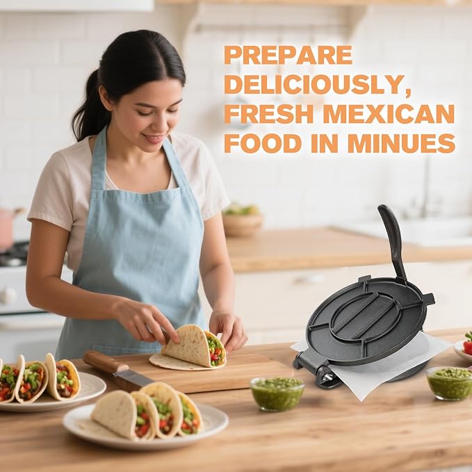Cast Iron Tortilla Press 10 inch, Heavy Duty Tortilla Pataconera, Flour Tortilla Press with Foldable Handle, Taco press with Some Parchment Paper, Roti Maker, Black