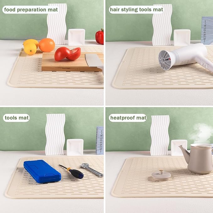 Extra Large 30 x 24 Inch Silicone Dish Drying Mat for Dish Drying Rack , Easy Clean Silicone Drying Mat for Kitchen Counter , Non-Slip Dish Drain Mat , Heat Resistant Silicon Dish Mat, Beige, SAPID