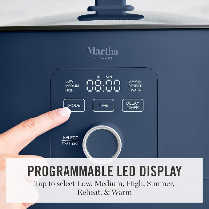 Martha Stewart 8 QT Slow Cooker, Programmable with Timer, 3 Heat Settings (Low, High, Warm), Nonstick Ceramic Removable Crock, Stovetop & Oven Safe, Glass Lid, Simmer, Reheat, Warm, Indigo