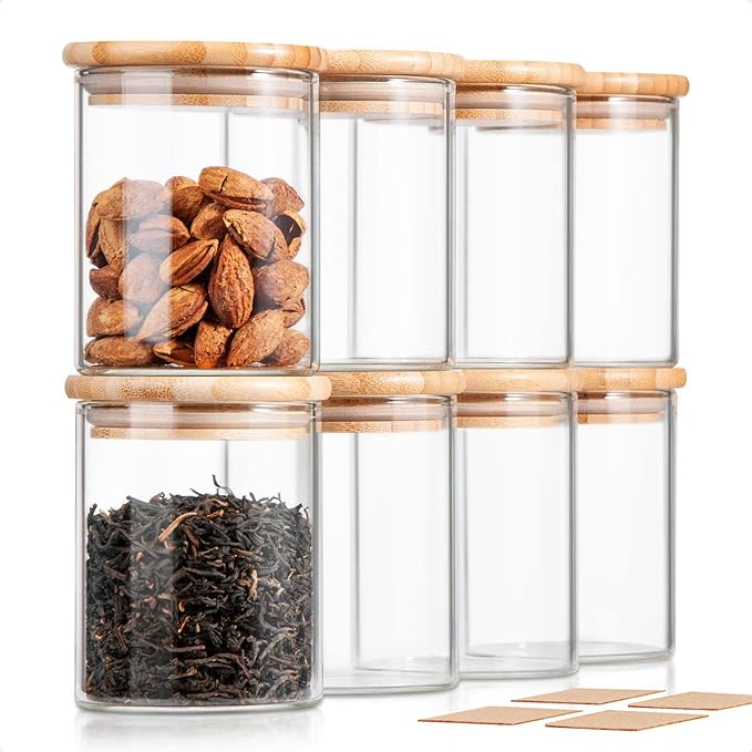 COCOYA 12 Oz Glass Jars with Bamboo Lid Set, UPGRADE Clear Thickened Glass Containers for Spice Tea Herb, Small Tiny Jars Food Storage Containers for Coffee Bean Seasoning sugar Kitchen Pantry (8Pack)