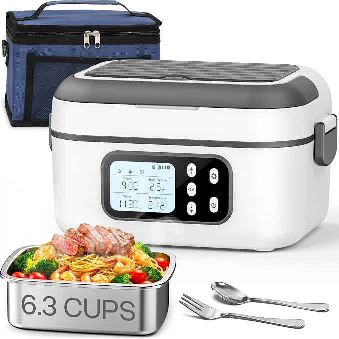 SOUOA Cordless Heated Electric Lunch Box for Adults with Automatic Heating, 100W Portable Food Warmer Battery Powered with Scheduled Heating, 6.3 Cup Food Heater for Men/Work/Office/Car/Truck (White)