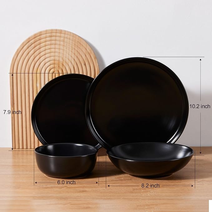 LIANYU 16 Piece Dinnerware Sets with Double Bowls for 4, Modern Ceramic Plates and Bowls Set, Kitchen Round Dinning Ware Dishware Set, Microwave and Dishwasher Safe, Black Onyx