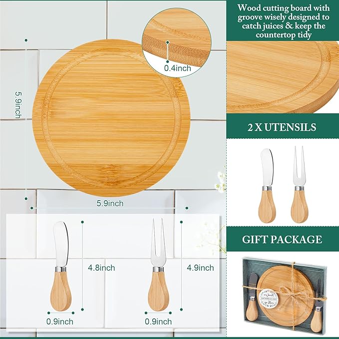 Maxcheck 12 Sets Baby Shower Bridal Game Prizes for Winners Round Cheese Board Set Wood Mini Charcuterie Board with Knives and Forks Thank You Card with Gift Box for Guests Wedding (Bamboo)