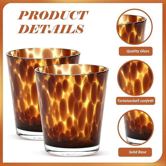 Honeydak Set of 4 Tortoise Leopard Print Brown 10 oz Rocks Glasses Stylish Stemless Cocktail Cups Glass Glassware Tumbler Ideal for Gin, Tequila, Vodka, Soft Drinks