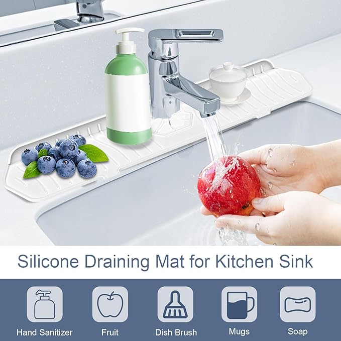 Faucet Guard - 90 Foldable Draining Mat for Kitchen Sink with 2 Drain Ports, White, 24"*5.66"