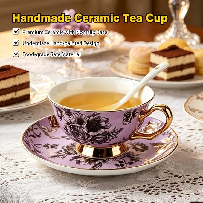 Bone China Tea Cup and Saucer Set for 1 with Spoon, Floral, 6.76 oz