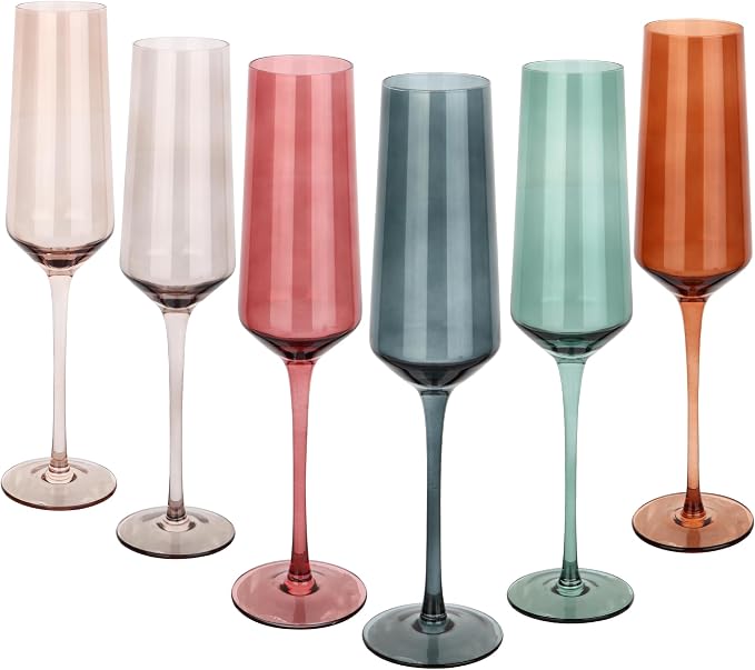 Colored Champagne Flutes Set of 6, Large 8 Oz Hand Blown Crystal Glasses, Lead-Free Colorful Glasses, Italian Style Tall Stemmed Glassware-Elegant Gift Box for Wedding, Party, Holidays, Birthdays