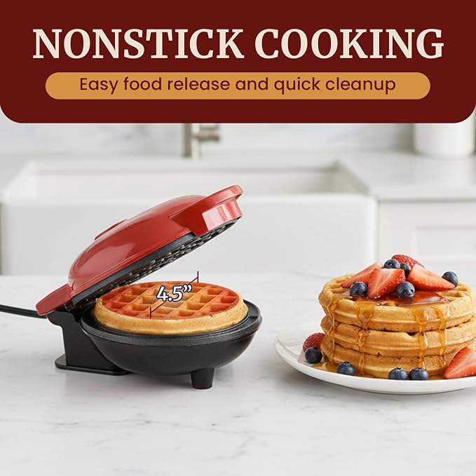Elite Gourmet EWM015R Electric Nonstick 4.5" Cooking Surface Mini Waffle Maker, Belgian Waffles, Compact Design, Hash Browns, Keto, Snacks, Sandwich, Eggs, Easy to Clean, Red