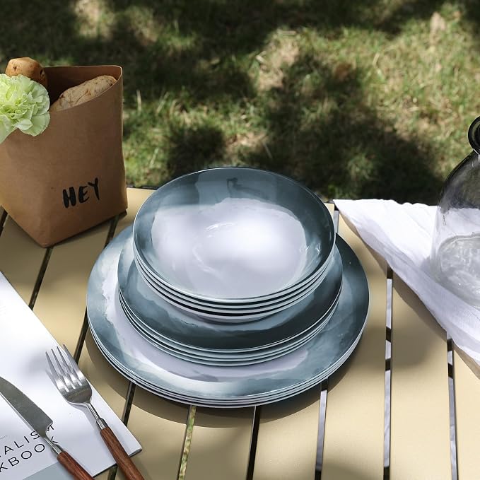 Melamine Dinnerware Sets-12 Pieces Outdoor Plates and Bowls Set for 4, Durable Dinner Plates for Camping Picnics Party, Chip Resistant Dishes, Grey Blue, Dishwasher Safe