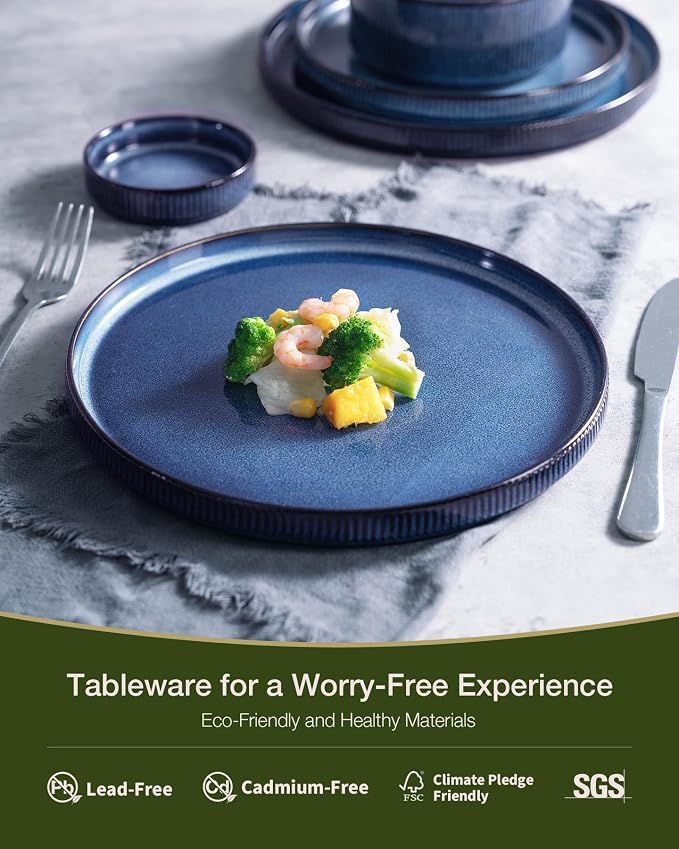 Famiware Star 12-Piece Stoneware Dinnerware Sets for 4, Reactive Glaze Plates and Bowls, Modern Rustic Dishes for Everyday & Formal Use, Chip/Scratch Resistant, Microwave/Dishwasher Safe, Nebulas Blue