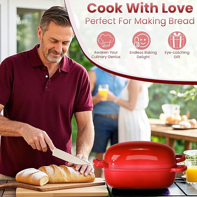 Cast Iron Dutch Bread Oven - 2.5QT Dutch Oven for Sourdough Bread Baking, Cast Iron Bread Loaf Pan with Lid, Easy Homemade Sourdough Dutch Oven, Blue Oval Bread Baking Pan, Gift for Family & Baker，Red