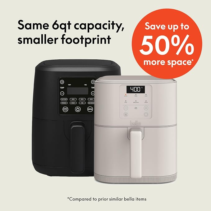 bella 6 Qt Slim Air Fryer, Fits-anywhere™ Kitchenware, EverGood™ Ceramic Nonstick Coating, Adjustable Temperature, 6 Preset Cooking Options, 60 Min Auto Shutoff w Audible Tone, 5lb Capacity, Oatmilk